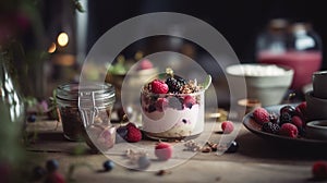 a table topped with a jar of food and a plate of berries on top of a wooden table next to a cup of coffee and saucer