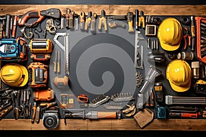 A table topped with lots of different tools and instruments. Copy empty space.