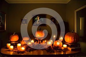 A Table Topped With Lots Of Lit Candles. Generative AI photo