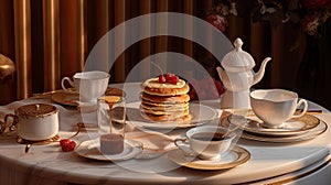 a table topped with pancakes and cups of coffee