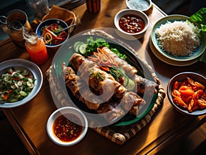 A table topped with plates of food and bowls of rice. Generative AI image.