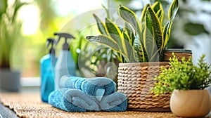 A table with towels and cleaning supplies next to a plant, AI