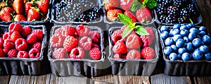 Table With Trays of Berries and Strawberries - Fresh and Colorful Farmers Market Delights