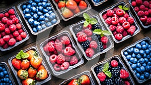 Table With Trays of Berries and Strawberries - Fresh and Colorful Farmers Market Delights