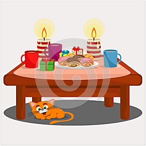 Table with treats for the holiday. New year  Christmas  birthday. Vector set