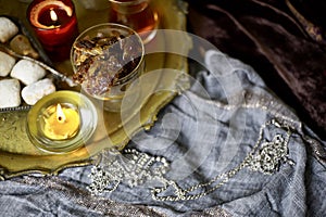 A table with Turkish tea with lale, oriental sweets