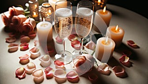 A table for two with candles, rose petals scattered, and wine glasses filled with sparkling champagne.. Generative AI