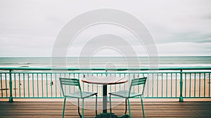 A table and two chairs on a deck overlooking the ocean, AI