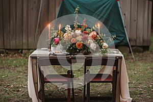 table with two chairs, floral centerpiece, candles, and camping dinner setup