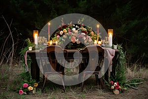 table with two chairs, floral centerpiece, candles, and camping dinner setup