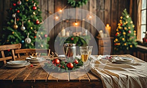 A table with two glasses of beer and a candle is set up in front of a Christmas tree.