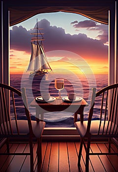 A table for two is served on the terrace overlooking the sailboat sailing on the waves at sunset. AI Generated