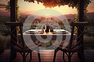 A table for two is served on the terrace overlooking the sailboat sailing on the waves at sunset. AI Generated