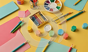 A table with a variety of art supplies on it, including a pack of crayons.