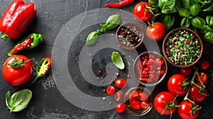 A table with a variety of different types of tomatoes and herbs, AI