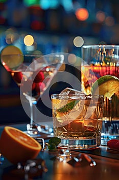 A table with a variety of drinks and fruit, including a martini, a martini glass