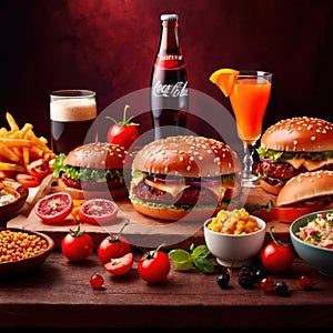 Table with a variety of food and drink, buffet smorgasbord potluck assortment