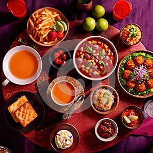 Table with a variety of food and drink, buffet smorgasbord potluck assortment