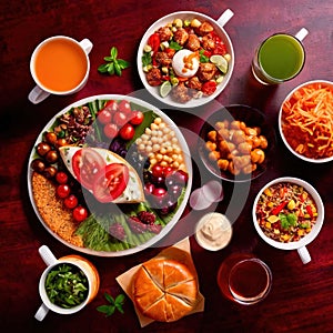 Table with a variety of food and drink, buffet smorgasbord potluck assortment