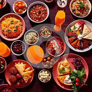 Table with a variety of food and drink, buffet smorgasbord potluck assortment