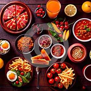 Table with a variety of food and drink, buffet smorgasbord potluck assortment