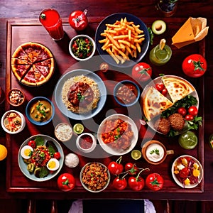 Table with a variety of food and drink, buffet smorgasbord potluck assortment