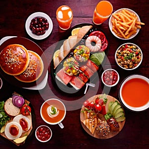 Table with a variety of food and drink, buffet smorgasbord potluck assortment