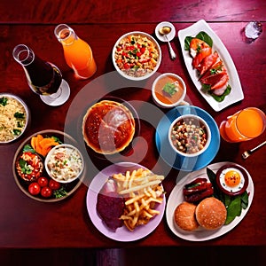 Table with a variety of food and drink, buffet smorgasbord potluck assortment