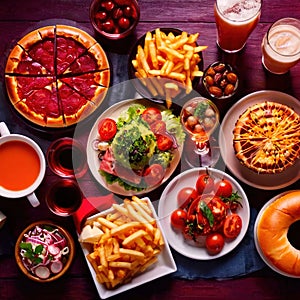 Table with a variety of food and drink, buffet smorgasbord potluck assortment