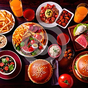 Table with a variety of food and drink, buffet smorgasbord potluck assortment