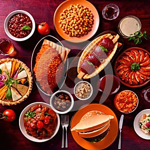 Table with a variety of food and drink, buffet smorgasbord potluck assortment