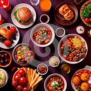 Table with a variety of food and drink, buffet smorgasbord potluck assortment