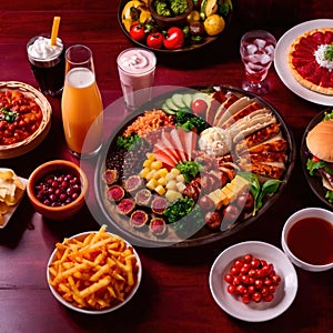 Table with a variety of food and drink, buffet smorgasbord potluck assortment