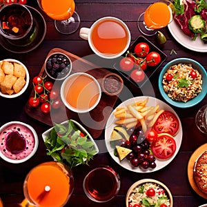 Table with a variety of food and drink, buffet smorgasbord potluck assortment