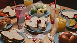 A table with a variety of sandwiches and drinks on it, AI