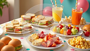 A table with a variety of sandwiches, fruit, and drinks