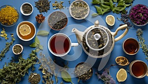 A table with a variety of teas and herbs