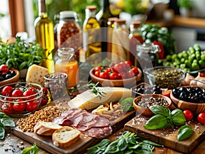 A table with various types of food and ingredients