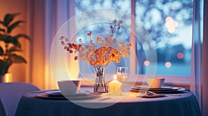 Table with a vase of flowers and a candle in front of a window
