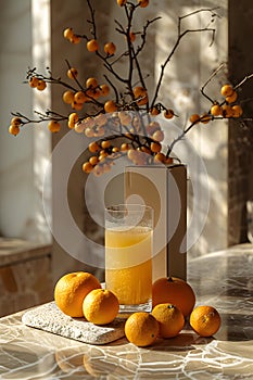 Table with vase of oranges, glass of juice. Rangpur, Clementine, Tangelo mixed