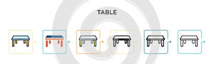 Table vector icon in 6 different modern styles. Black, two colored table icons designed in filled, outline, line and stroke style