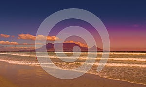 Table view beach at bloubergstrand Cape Town showing table mountain and Atlantic ocean