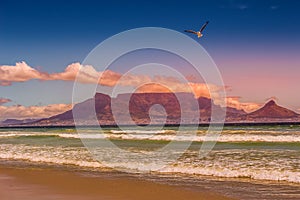 Table view beach at bloubergstrand Cape Town showing table mountain and Atlantic ocean