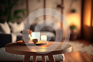 Table view on blur modern living room background for product display. Flawless