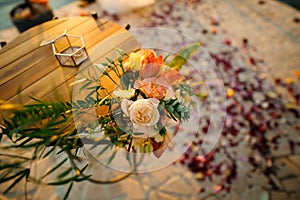 Table for the wedding ceremony, flower arrangement. Wedding deco