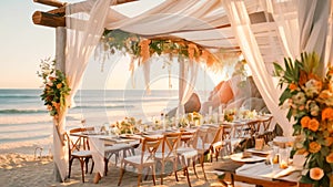 A table with wedding decor set up on the beach, ready for a bohemian celebration, A beachside celebration with a bohemian vibe and