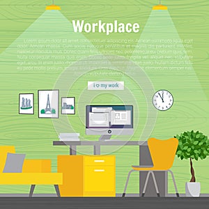 Table and work on the computer. Business, office , workplace yellow green color. Flat design vector illustration.