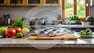 A selection of fresh fish: trout, sitting on a chopping board against blurred kitchen background copy space photo