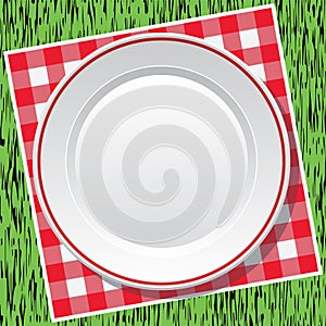 Tablecloth and empty plate on green grass, vector