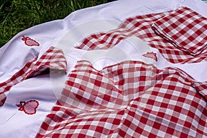 Tablecloth and napkins in a red cage for a picnic on a green grass